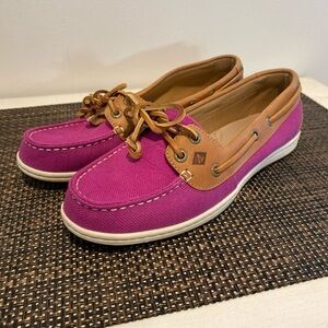Sperry Fushia Canvas Boat Shoes with Tan Trim